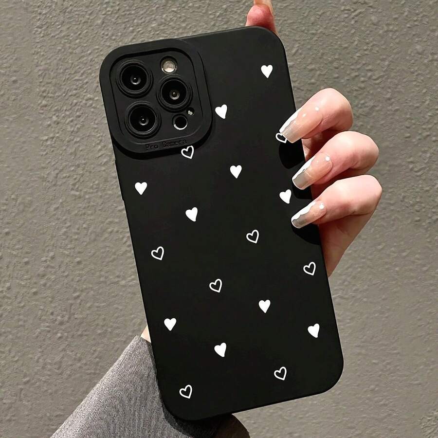 1pc Phone Case: Cute White Heart Pattern Full-Cover Black TPU Phone Case For IPhone 15/14/13/12/11/XS/XR/X/8/7/SE2/SE3/Plus/Pro Max Phone Accsesories Valentines Gifts - 黑色 - 查看 1