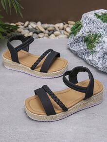 1 Pair Teenage Girls' Black Thick Sole Sandals, Summer Comfortable Lightweight Children's Sandals With Woven Rope, Fashionable Girls' Summer Sandals Suitable For School And Daily Wear - Black - View 6