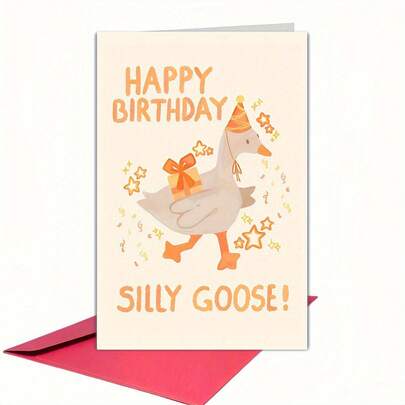 1pc Funny Silly Goose Birthday Card With Envelope - Funny "Happy Birthday" Greeting Card Featuring Silly Goose Illustration, Perfect For Family, Friends, And Colleagues, Whimsical Illustration, Funny Birthday Cards