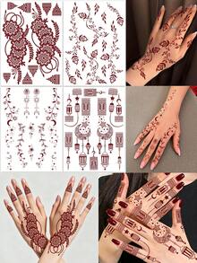 4片红色指甲花手指纹身贴纸，饰有指甲花花卉图案，包括花朵、星星、月亮等设计。它们适用于手指、指甲和手部艺术装饰，是派对、婚礼和其他场合的完美之选。 - 紅色 - 查看 9