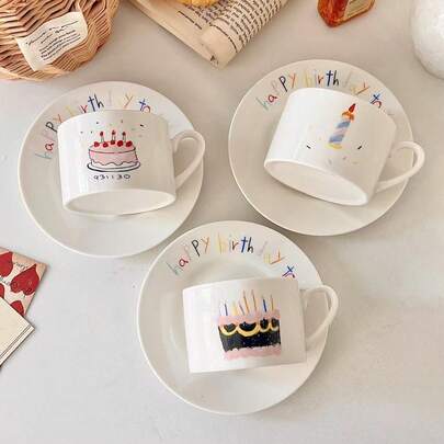 Un set de 1 taza de café con vela de cumpleaños y platillo, juego de té de la tarde de cerámica, taza de café, plato para desayuno y una taza con tema femenino.