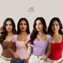 Set Of 4 Baby Look Blouses With Double Front Lining And Square Neckline. Simple. None. Vacation. Beach. - 棕色/粉紅色/淡紫色/紅色 - 查看 1