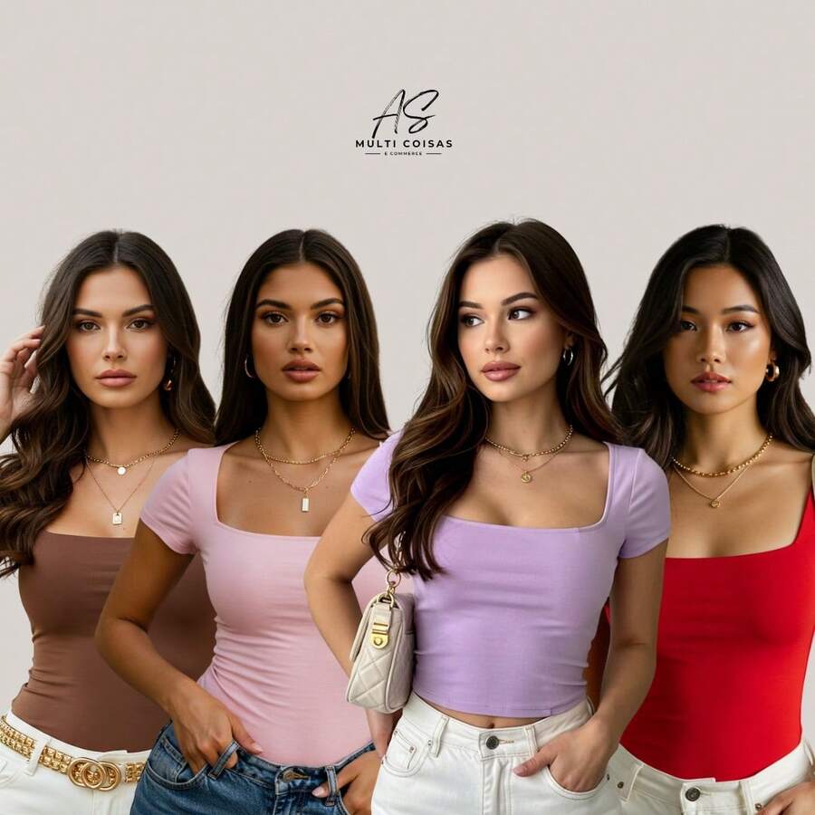 Set Of 4 Baby Look Blouses With Double Front Lining And Square Neckline. Simple. None. Vacation. Beach. - 棕色/粉紅色/淡紫色/紅色 - 查看 1