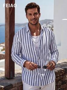 FEIAO Men's Vintage Banknote Striped Casual Long Sleeve Shirt, Versatile Style For All Seasons - Blue and White - View 3