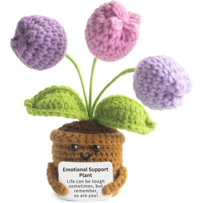1个钩针编织植物玩偶，附赠励志卡片 - 手工制作，可爱有趣的针织玩具，可作桌面装饰 - 圣诞节和生日感谢礼物，送给朋友、女士和男士（紫色郁金香）