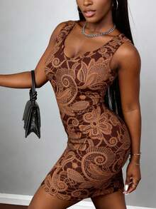 Women's V-Neck Sleeveless Dress, Stylish & Elegant, Unique Pattern, For Spring & Summer Outings, Parties & Gatherings, Brown Dress - Multicolor - View 3