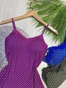 Set Of 3 Polka Dot Tank Tops With Built-In Bra Cups, Made Of Pretty Viscose/Lycra Fabric. - Purple + Sky Blue + Army Green - View 2