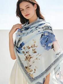 1pc Women's Fashion Printed Sunscreen Beach Scarf Shawl Headscarf, Suitable For Daily Wear, Travel, And Photography - Blue - View 3