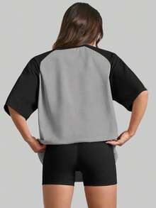 SUPEKYKO 大码女式撞色插肩短袖T恤 - 运动休闲舒适上衣 - 灰色 - 查看 3