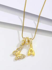 1pc Fashionable Exquisite Popular Gold Butterfly & 3d Balloon Initial Letter Charm Stainless Steel Snake Chain Necklace For Girls Kids Cute Stylish A-Z English Bubble Alphabet Necklace For Daily Wear Jewelry Accessory Birthday Gift - Gold - View 5