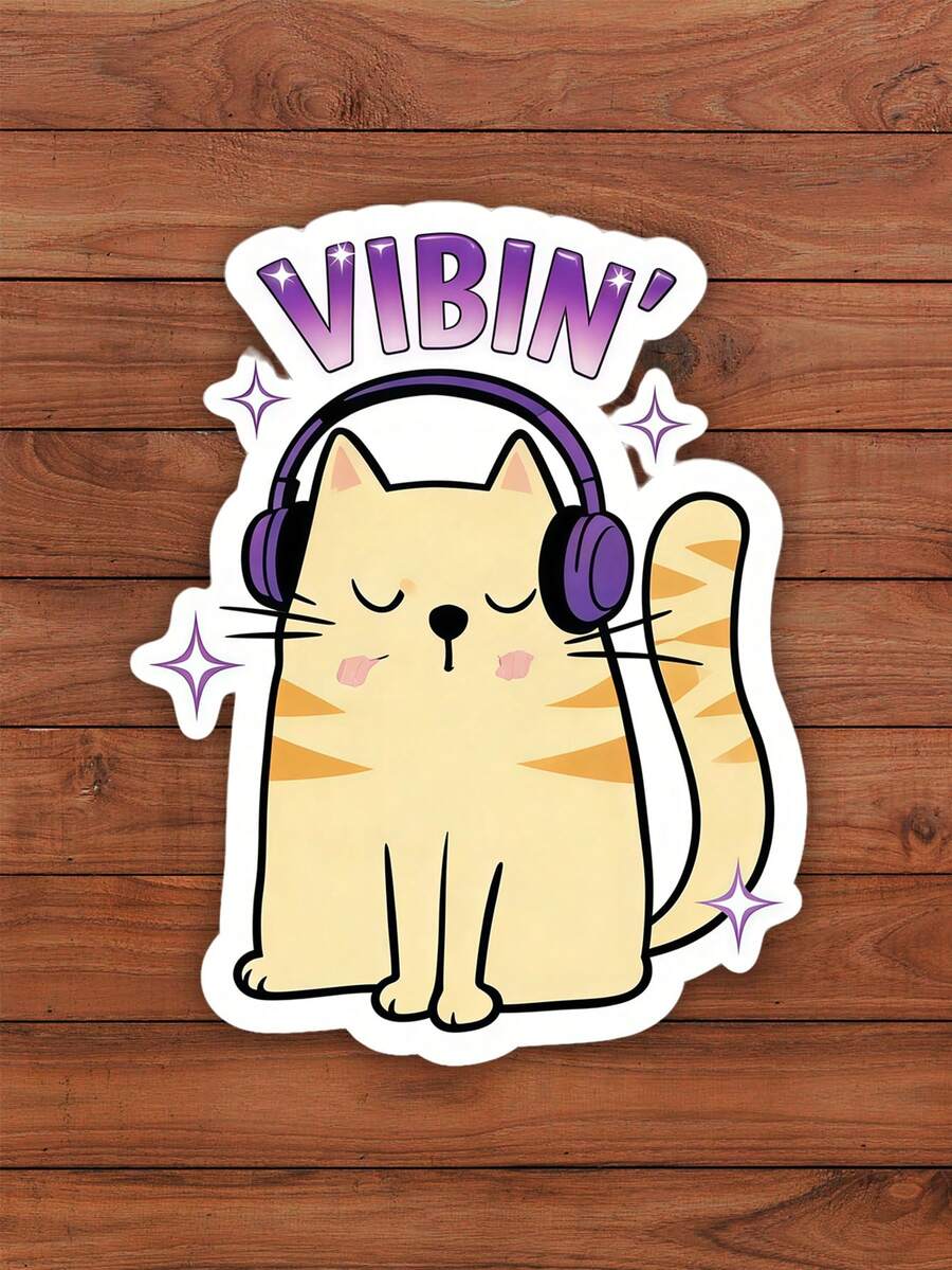 4/1 Piece Interesting Headphone Cat "VIBIN" Sticker - Fashionable And Fun Stickers Suitable For Laptops, Phones, And Water Bottles. The Perfect Gift For Cat Lovers And Music Enthusiasts! - Multicolor - View 1