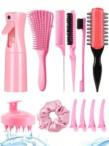 1/2/3/4/5/6/11/12件套全新9排梳子美发梳套装，侧槽设计增强卷发和分叉效果，干湿两用8齿梳，（6.8盎司/200毫升）多功能小型高压连续喷雾保湿旅行化妆水瓶 - 彩色 - 查看 15
