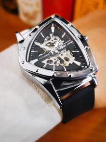 T-WINNER 1pc Fashionable Sports Mechanical Men's Watch, Luminous Pointer, Rubber Strap, Business Casual Automatic Mechanical Watch, Gift Box - Silver - View 11