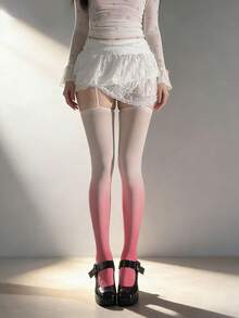 Women's Sweet Lolita Ombre Thigh High Socks With Garter Straps - Soft Sheer Pink & White Fashion Stockings, Suitable For Daily Wear, Lolita Outfits, And Date Nights - Multicolor - View 3