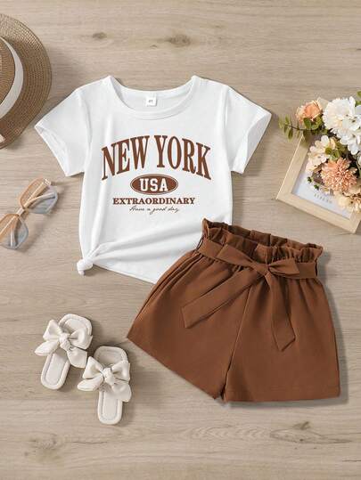 女童字母印花短袖T恤和短裤