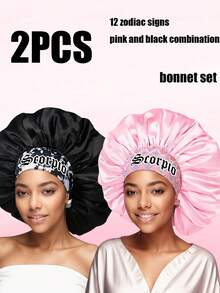 Bộ 2 mũ ngủ màu hồng và đen, mũ ngủ dài, in hình 12 con giáp cá nhân hóa, mũ rộng vành bằng vải satin mềm mại, co giãn, phù hợp cho cả tóc xoăn và tóc thẳng (mẫu in ngẫu nhiên). - Đen + Hồng - 2 chiếc (SM13 + SM15 - 1) - Xem 31