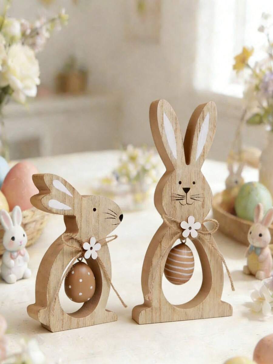 3D Wooden Rabbit Decorations, Handmade Rabbit Decor For Home, Cute Wooden Rabbit Figurines, Suitable For Easter Decorations, Easter Party Favors, Easter Tree House Party Decor, Holiday Party Props, Study Desk Decor, Dining Table Centerpiece, Birthday Gifts, Farm Decor - Multicolor - View 1
