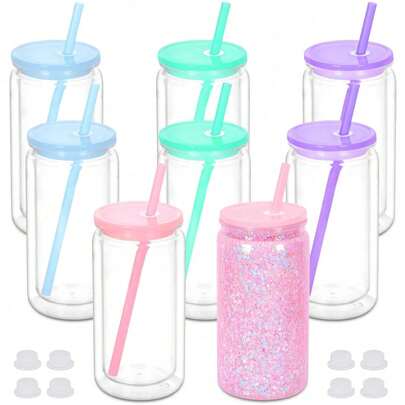 8/4pcs 16oz Double Wall Snowflake Glass Cups, DIY Glitter Mason Jar Cups With Lids, Straws And Silicone Seals, Hand Wash, BPA & PVC Free