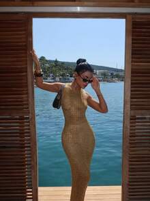 Summer Women's Elegant Gold Lace-Up Cover-Up Dress Fitted And Flattering Sleeveless Tank Dress Beach Vacation Cover-Up Dress Perfect For Everyday Casual Wear, Holiday Dates, Street Style Shoots, Music Festivals, And Beach Parties - Khaki - View 5