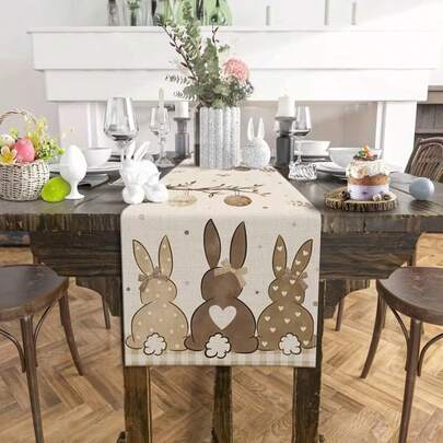 1 pieza Elegante Camino de Mesa de Pascua con Conejo y Huevos, Estilo Granja con Conejo Marrón y Huevos Coloridos, Decoración de Mesa de Comedor para Primavera y Fiestas en el Hogar, Disponible en Múltiples Tamaños