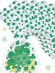 10/20个装幸运四叶草欧根纱袋，圣帕特里克节透明欧根纱袋，尺寸3.9*5.9英寸首饰袋，金边绿色爱尔兰幸运四叶草抽绳袋，圣帕特里克节派对礼品袋，小型生日礼物袋首饰袋迷你抽绳袋网状香水袋，主题派对礼品，礼品包装袋，完美派对用品 - 綠色 - 查看 7