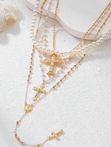 Znice 四件套时尚个性化十字架吊坠项链，嘻哈风格，小众拼接，珍珠长链，锁骨链，父亲节，母亲节 - 4件套款式6 - 查看 9