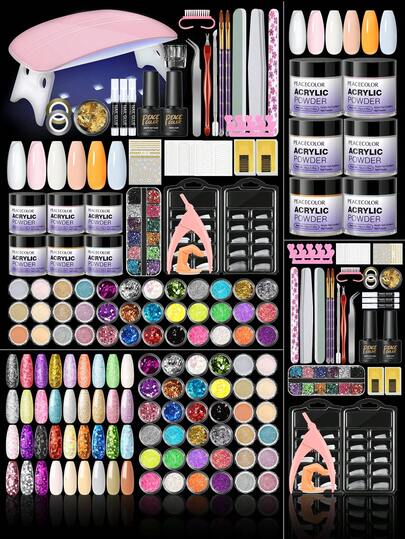 peacecolor 41pcs Acrylic Powder Nail Art Kit, Includes UV/LED Nail Lamp, 10g Clear Powder, Pink, White, Nude, Orange Powder, Decorative Glitter, Base Coat And Top Coat, DIY Acrylic Manicure Tools Set, Salon Gift Nails