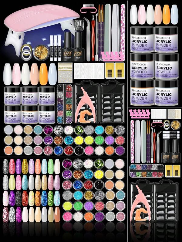 peacecolor 41pcs Acrylic Powder Nail Art Kit, Includes UV/LED Nail Lamp, 10g Clear Powder, Pink, White, Nude, Orange Powder, Decorative Glitter, Base Coat And Top Coat, DIY Acrylic Manicure Tools Set, Salon Gift Nails