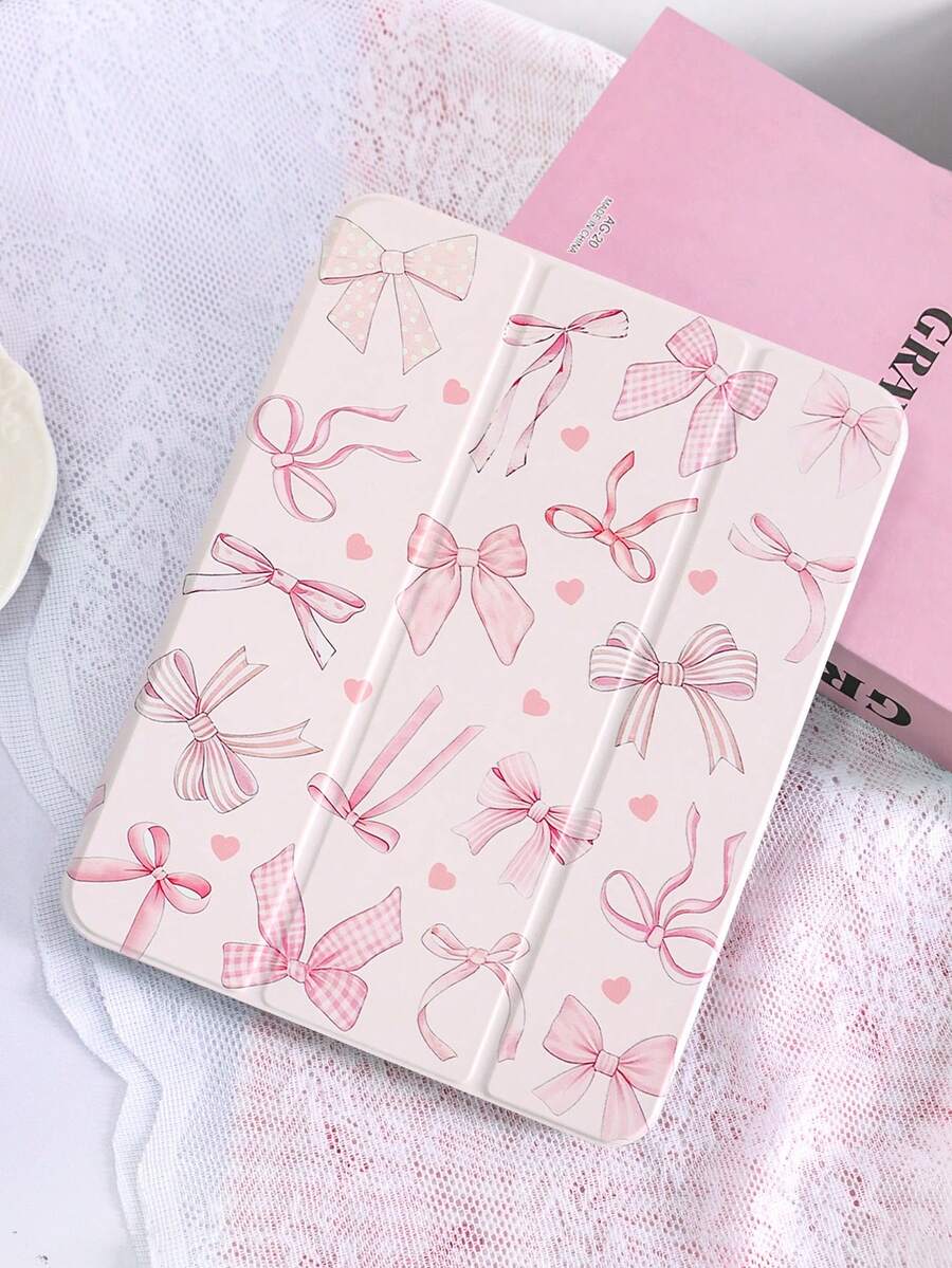 1pc Cute Pink Bowknot Painted Tablet Case, Compatible With IPad 10th/11th/10.2/10.5/Air4/Air5/10.9/Pro11/Air 11-In.(M2)-2024/Pro 11-In.(M4)-2024/IPad Air 11-Inch (M3) 2025/IPad (A16) 11 Inch 11th Generation 2025, Mini6/Mini7/Air1/Air2/9.7, Tab A8 10.5 Inch 2022, Includes Pen Slot, Tri-Fold Stand, Magnetic Sleep/Wake, Adorable/Elegant/Creative - Multicolor - View 1