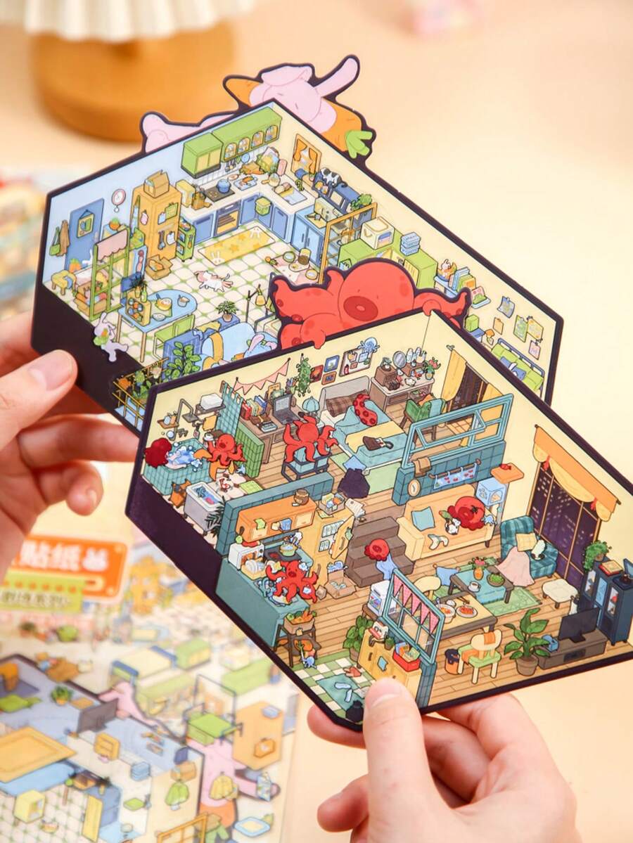 1 حقيبة/2 حقيبة، سلسلة مسرح المنزل الصغير، ملصقات مشاهد ترفيهية للتأمل الداخلي الأصلية، مناسبة للبالغين - أنشطة علاجية بالملصقات للتخفيف من التوتر، مثالية للأعمال اليدوية والهدايا. - متعدد الألوان - مشاهدة 1