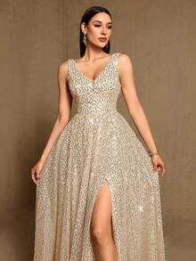 Đầm dạ hội thanh lịch đính sequin cổ chữ A xẻ cao, cổ chữ V dành cho nữ, thích hợp cho các dịp trang trọng như đám cưới, lễ tốt nghiệp, tiệc tùng. - Rượu sâm banh - Xem 2
