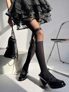 1pc Fishnet Stockings With Ribbon Ties, Autumn/Winter Stretchable Ribbed Stockings, Sexy Thigh High Stockings For Women - Multicolor - View 5