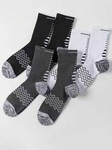 6 Pairs Men's Mid-Calf Socks, Black White Gray Striped Casual Sports Socks, Unisex All Season - Multicolor - View 4