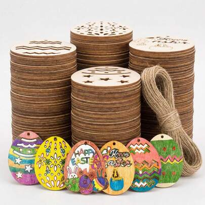 60个未上漆的木制复活节彩蛋装饰品，带挂绳，适合涂漆、手工制作、悬挂作为春季装饰和礼品标签，适用于复活节派对装饰、彩绘礼物、复活节彩蛋装饰，适合窗台、卧室、客厅、办公室、教室，是家庭聚会的手工装饰品，祝您复活节快乐！