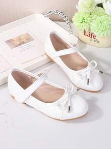 Girls' Mary Jane Fashion Versatile Plaid Splicing Bow Decor High-End Party Wedding Dance Flat Shoes - White - View 2