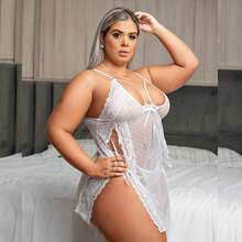 Camisola Sensual Transparente Feminina sem Bojo com Calcinha Fio Renda Poá sem Bojo Lingerie de Tule Curta - Branco - Visão 6