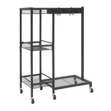 gladney Black Mobile Cleaning Trolley Cart With 6 Swivel Wheels 3 Brakes Vertical Space‑Saving Carbon Steel Organizer With 3 Baskets Hooks Mesh Panels And Raised Guardrails - Black - View 4