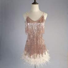 Women's Sleeveless Pink Fringe Feather Party Mini Skirt, Spaghetti Strap Neckline, Fashionable And Dazzling, Perfect For Night Out Elegant - Champagne - View 3