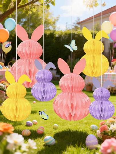 1/6 piezas Lindo adorno colgante de bola de panal de 3D de conejo de Pascua, adecuado para decoración de fiesta de Pascua, decoración festiva, bola de panal de conejo de Pascua, decoración de jardín de Pascua, decoración del hogar