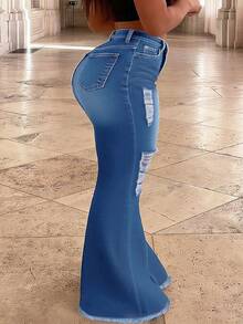 Plus Size Women's Mid-Rise Flared Jeans, Sexy Ripped Elastic Raw Hem Denim Flared Pants, Casual Wear Fashion Trousers - Medium Wash - View 2