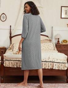 Zipper Robes For Women Ribbed Knit Bathrobe Lightweight Full Length Loungewear With Pockets S-3XL - 彩色 - 查看 2