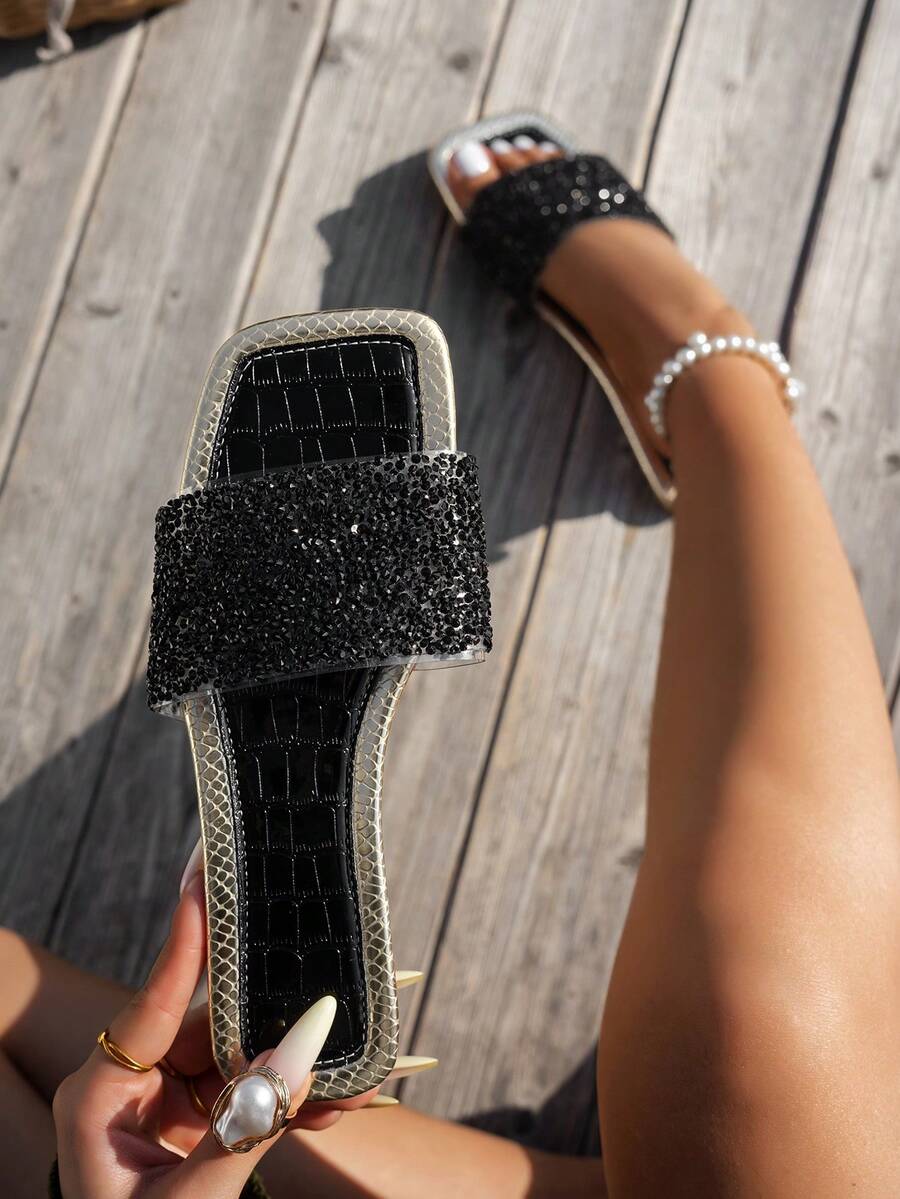 Sandalias planas de mujer con adornos de cristal de colores, cómodas y casuales, con punta abierta, adecuadas para exteriores, playa y fiestas en verano