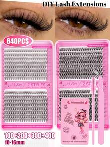 640pcs/Set Single Lash Extensions, High Capacity, 10D+20D+30D+40D+50D+60D+80D+100D Curled D-Curl, 10-16mm, DIY Lash Clusters, Natural Makeup Effect, Thick & Long, Super Soft & Lightweight, Reusable, Single Strand Segmented False Lashes, Lash Extension Kit, Suitable For Travel, Daily Wear (Beginner Friendly), Wedding, Date, Party, Holiday, Also Great As Christmas/Halloween/Gift Lash Set. - Black - View 3