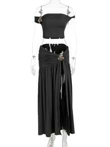 Women's Asymmetric One-Shoulder Co-Ord Set With Gilded Floral Appliqué - Matching Bralette And High-Slit Maxi Skirt, Evening Resort Glamour Two-Piece - 黑色 - 查看 2