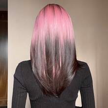 [Popular Choice] 20-Inch Long Straight Pink Gradient Black Wig With Bangs, Synthetic Women's Hair For Daily Use, Parties, Cosplay, Music Festivals, Halloween, And Christmas - Ombre - View 4