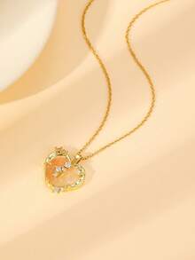 1pc Elegant Moon, Flower, Star, Butterfly, Water Drop, Heart, Rotating Planet Pendant Necklace With Sparkling Cubic Zirconia Delicate Choker, Suitable For Women Party, Valentine's Day Gift - Gold - View 12