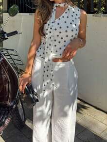 2026 Spring/Summer New Women's Knitted Mesh Polka Dot Asymmetric Shoulder Scarf Elegant Blouse - White - View 6