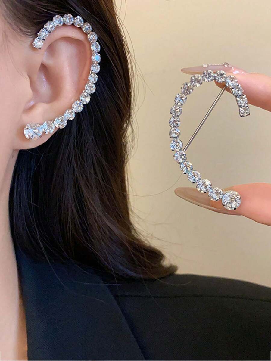 2件/套 几何水晶耳环，时尚水晶单弯耳环，垂坠耳环 - 銀色 - 查看 1