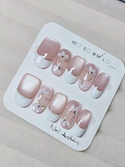 10 Pieces Handmade Press On Nails, French Style, High Grade Pink Cat Eye, Hand-Painted Shiny Crystal Gold Foil Heart, Hand-Ainted White French, Pink Nails, White Nails, Short Nails, Oval Nails, Fake Nails, Suitable For Girls Who Love Beauty To Wear Daily And As A Holiday Gift, Suitable For Gift, Valentine's Day Gift, New Year's Gift.