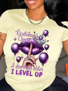 Queen's Birthday Queen Pattern T-Shirt, 100%Cotton, Casual Round-Neck T-Shirt With Balloon And Lip Print, Regular Length, Knitted Fabric, Suitable For All Seasons, Allseason Top| Humorous Design | Medium Elasticity - Apricot-pink - 查看 1